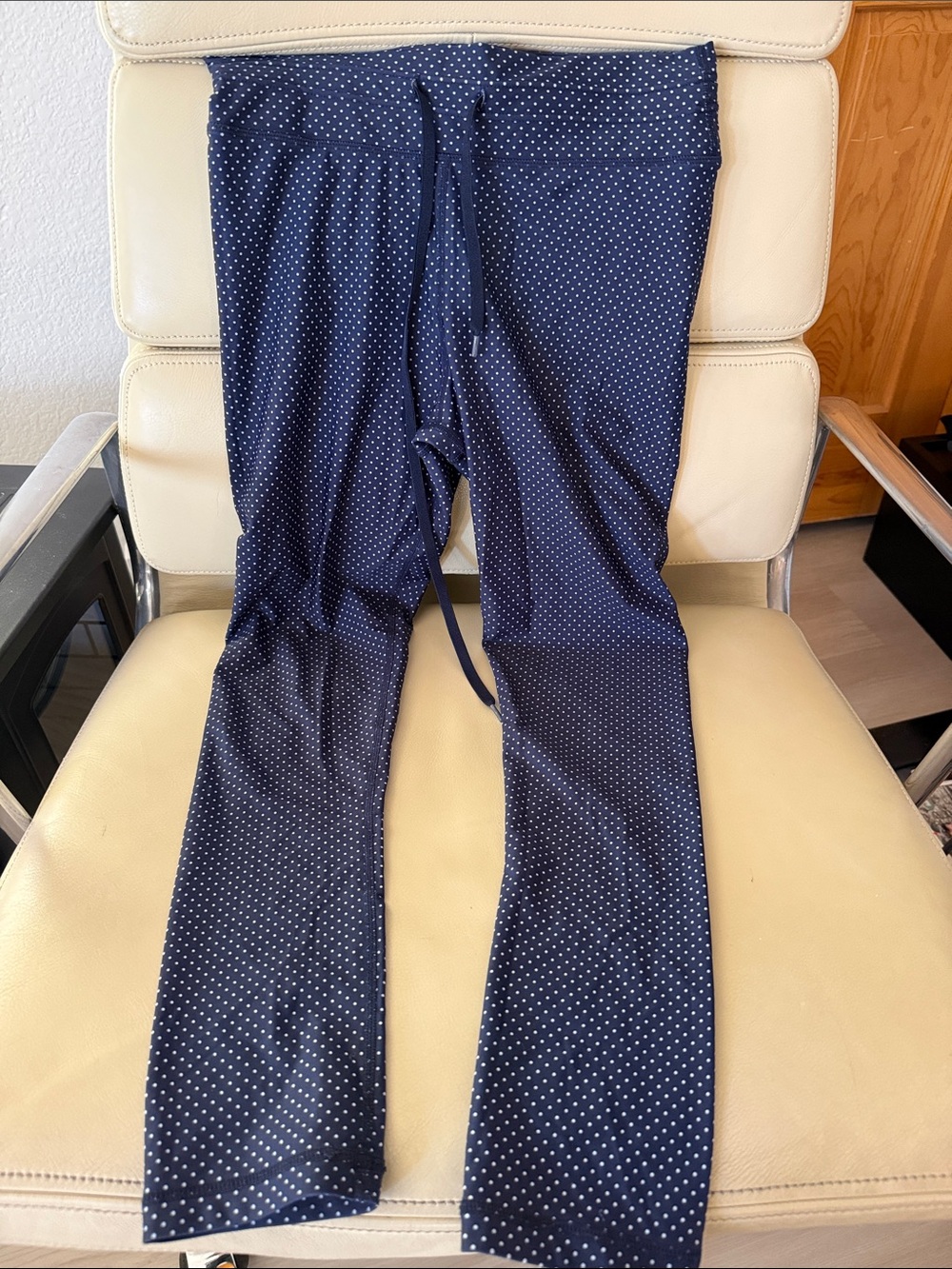 The Upside navy and white polka dot leggings